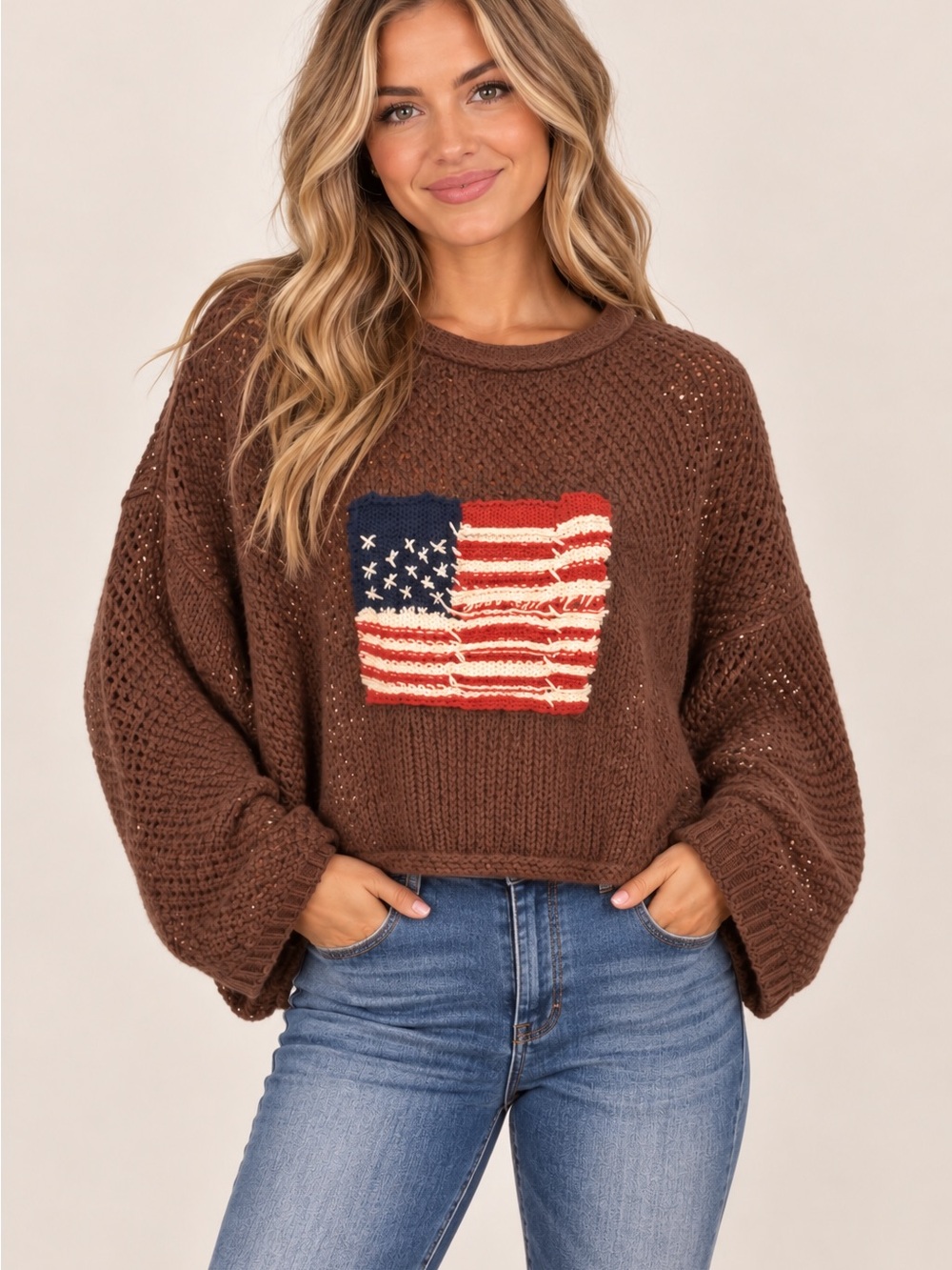 Zenana Outfitters Brown Crewneck Sweater with Flag Patch